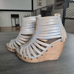Bed Stu Light Tan And Silver Strappy Wedges
